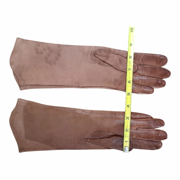 Vintage Opera Gloves Set of 2 Brown Leather /Off White Crenlon Crescendoe Nylon - Picture 5 of 13